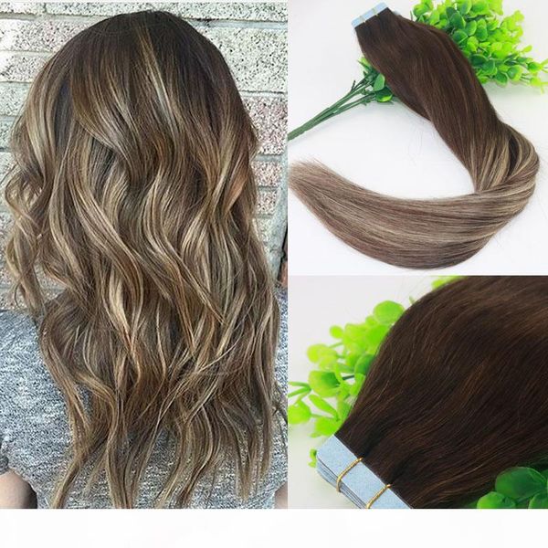 

colored #3#24 blonde highlight ombre balayage brazilian virgin hair extensions 40pcs tape in human hair extensions skin weft seamless, Black
