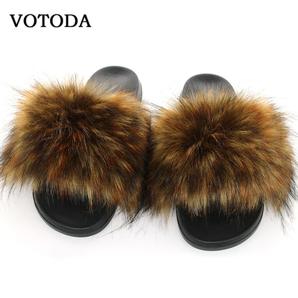 

new women fur slippers fluffy faux fox hair sandals casual furry flip flops flat home slippers fuzzy female false raccoon slides x1020, Black