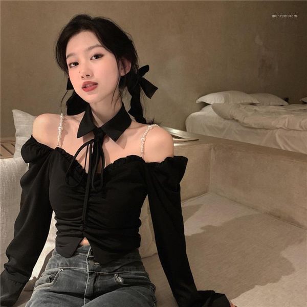 

women's blouses & shirts 2021 women off shoulder shirt blouse lady girls fashion black slim puff sleeve female leotard corset ladies so, White