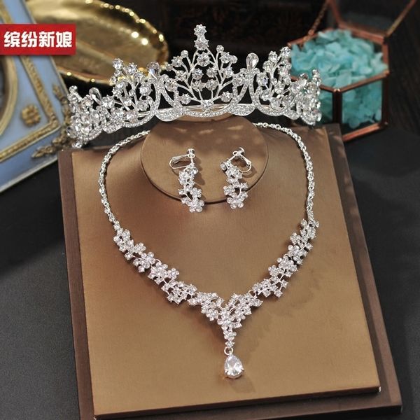 

new style diamond bridal headdress three piece set atmosphere dress accessories korean crown hair band wedding jewelry women, Silver