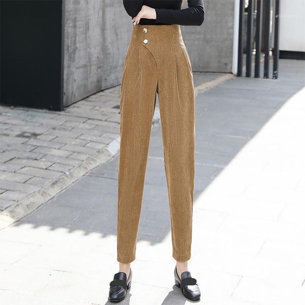 

warm women corduroy harem pants casual feet pant high waist nine-point trousers irregular fashion female 2020 autumn and winter1, Black;white