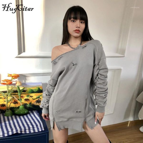 

hugcitar 2020 long sleeve zip up ruched hollow out oversized sweatshirt autumn winter women streetwear casual clothings1, Black
