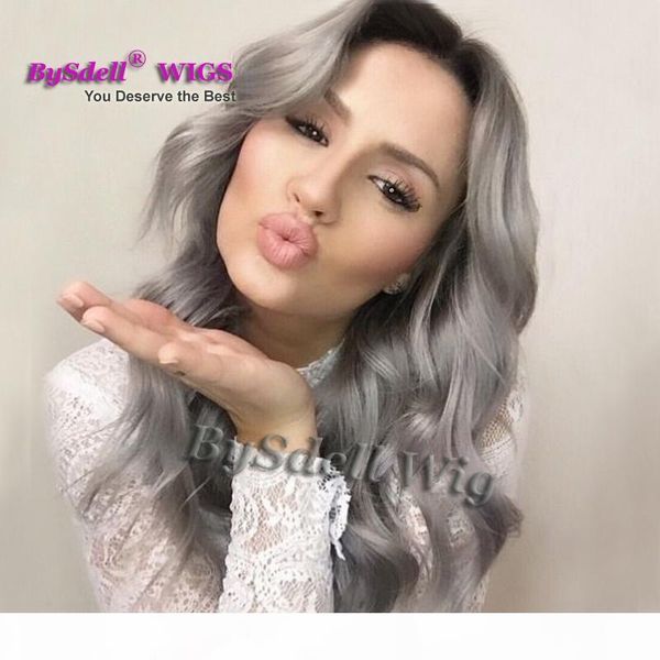 

synthetic lace front wig fashion ombre silver grey bodywave glueless long natural black ombre gray heat resistant hair wigs for women