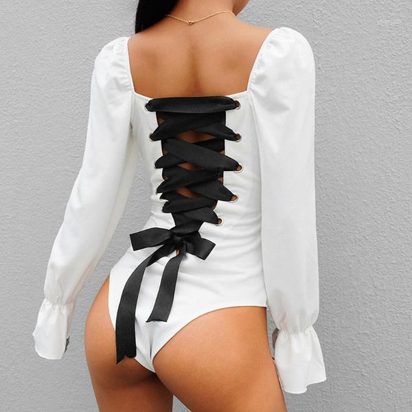 

jumpsuit fashion girl women long sleeve baddage bodysuit basic solid party squard neck new jumpsuit1, Black;white