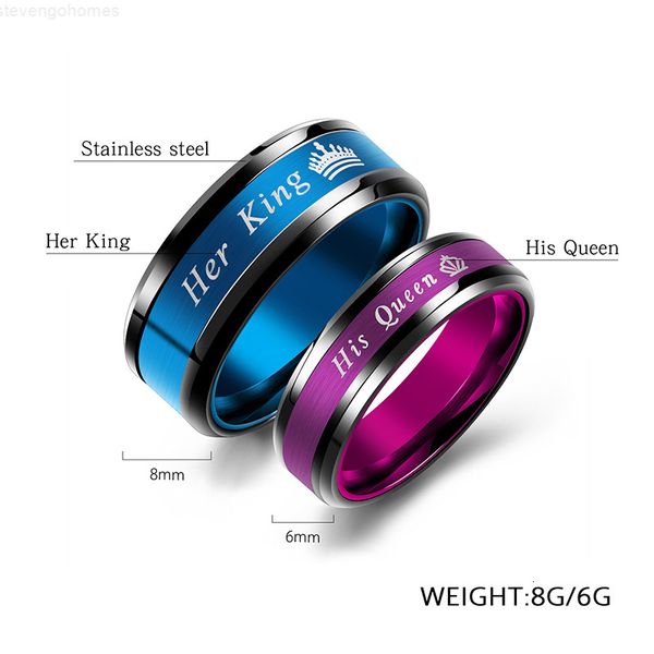 

couples king and his queen fashion rings her stainless steel crown blue purple finger ring for women men jewelry valenti, Silver