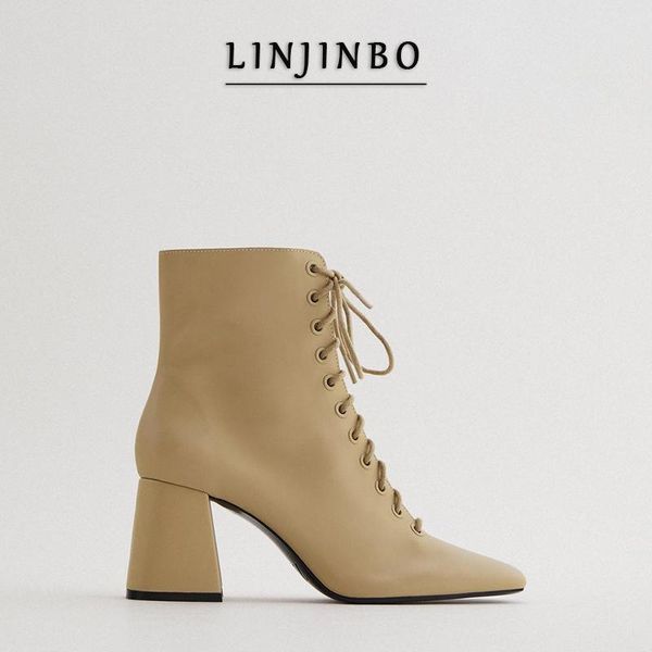 

linjinbo autumn square toe cross-tied high heels boots women camel color ankle boots for women 2020 new pu leather shoes, Black