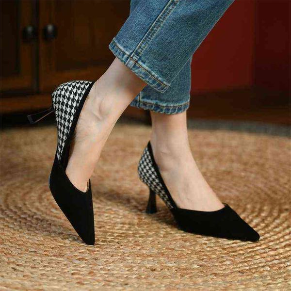 

french high heels women's thin heels temperament lattice shallow mouth pointed single shoes spring and summer, Black