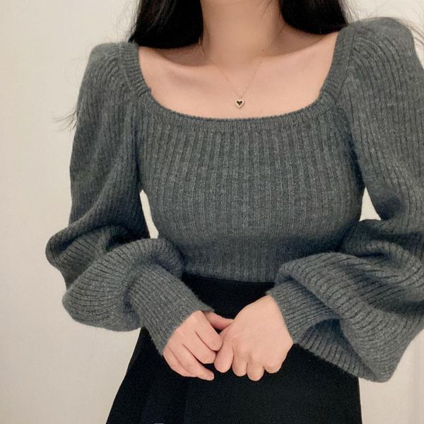 

fashion women's sweater 2021 autumn and winter new square neck lantern sleeve vertical pattern knitted top, White;black
