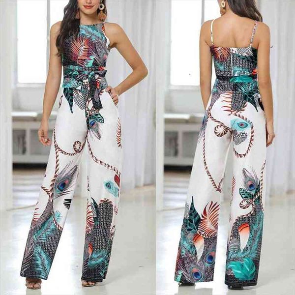 

women v-neck striped printed sleeveless bandage loose long jumpsuits fashion trend sling print loose piece trousers, Black;white