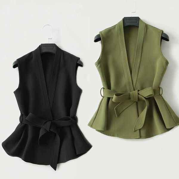 

women belt vest fashion short suit vest elegant all match deep v neck slim waist girl irregular waistcoat basic1, Black;white