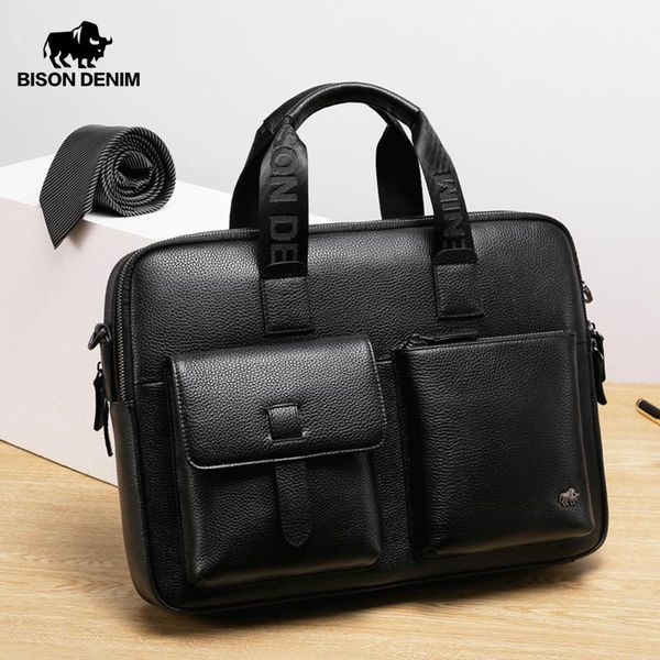 

bison denim brand men bag genuine leather handbag male 14 inch lapbag briefcase classic black crossbody shoulder