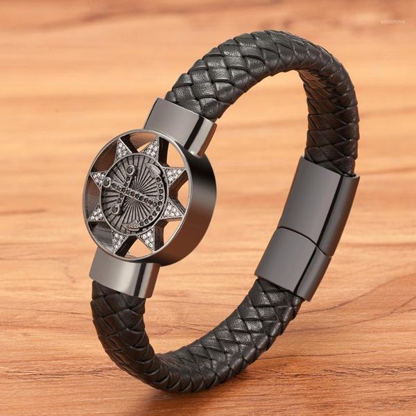 

selling punk magnetic clasp bracelets fashion business men's stainless steel black braided leather cord bracelet bangles1, Golden;silver
