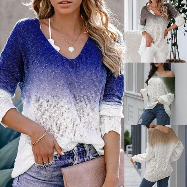 

autumn casual loose v-neck gradient knitted hollow women's long-sleeve sweater regular pullovers1, White;black