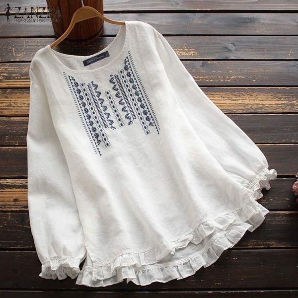 

женская осень блуза zanzea 2020 год сбора винограда вышивки tops повседневные рубашки с длинным рукавом женский o шеи рябить top plus size м, White