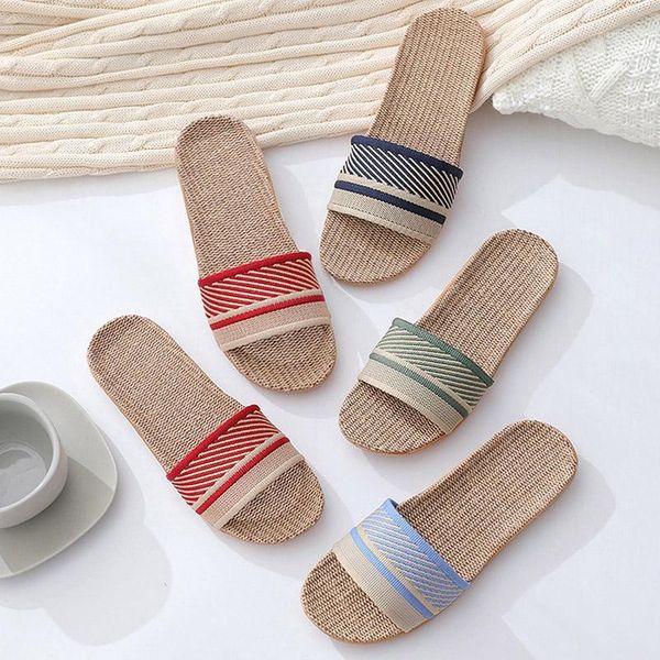 

new womens flax slippers anti slides indoor slippers household bedroom flip flops lightweight men lovers shoes1, Black