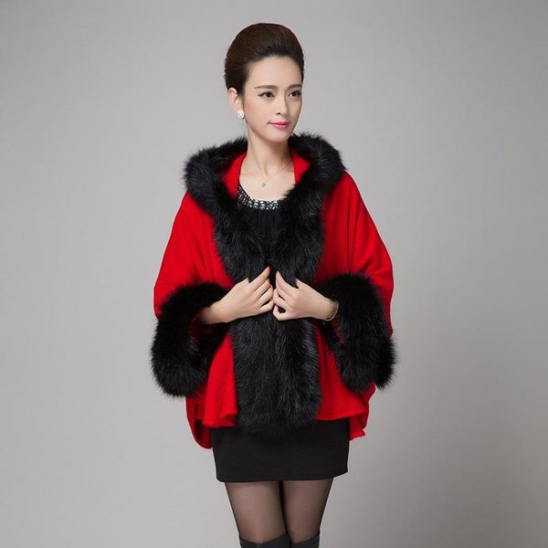 

2020 autumn winter imitation fur cape hooded print knitted shawl bat sleeve cardigan clock women elegant warm fur coat, Black