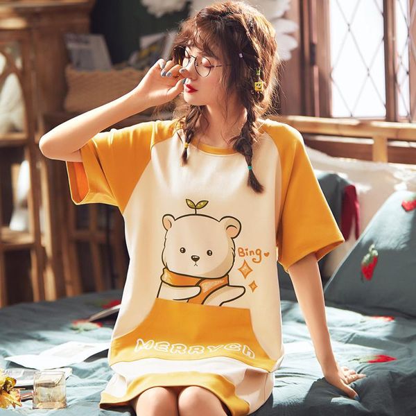 

cotton sleepwear women mid-length cartoon sleepwear summer short sleeves thin korean style girls ropa de dormir cute, Black;red