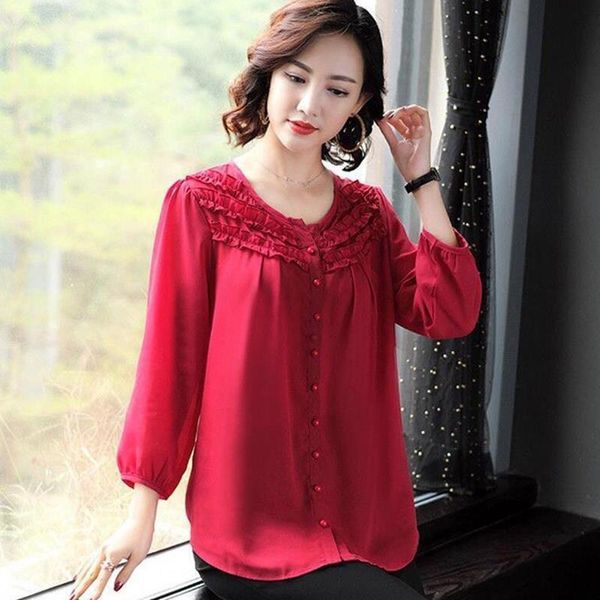 

6xl plus size women spring autumn style chiffon blouses shirts lady casual o neck lantern sleeve loose style lace blusas, White