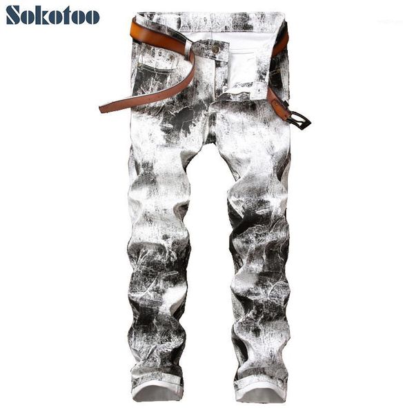 

sokotoo men's fashion ink painted white print pants slim stretch denim jeans1, Blue