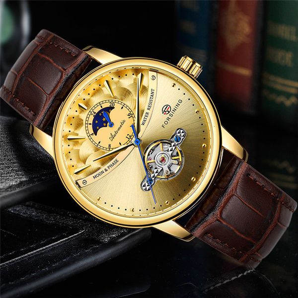 

man automatic luxury men watch military sport male gold clock mechanical 8179 skeleton waterproof forsining wristwatch brand keqhc, Slivery;brown