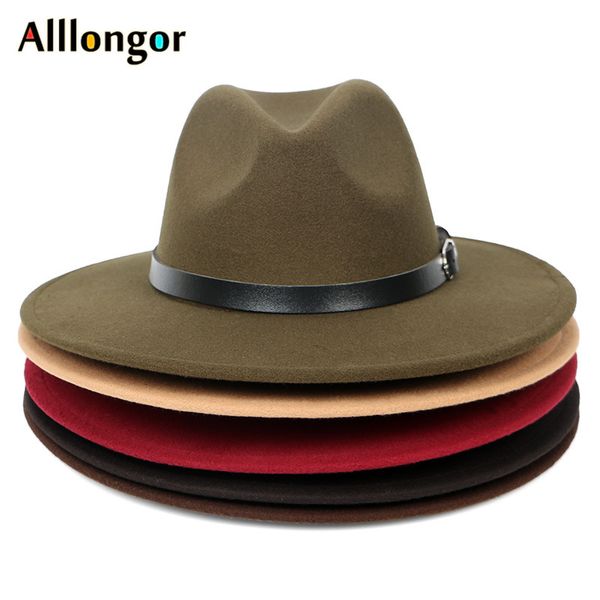 

2020 autumn winter black men wool fedora hat wide brim women faux woolen ladies fedoras jazz hat belt caps bowler felt hats q1216, Blue;gray