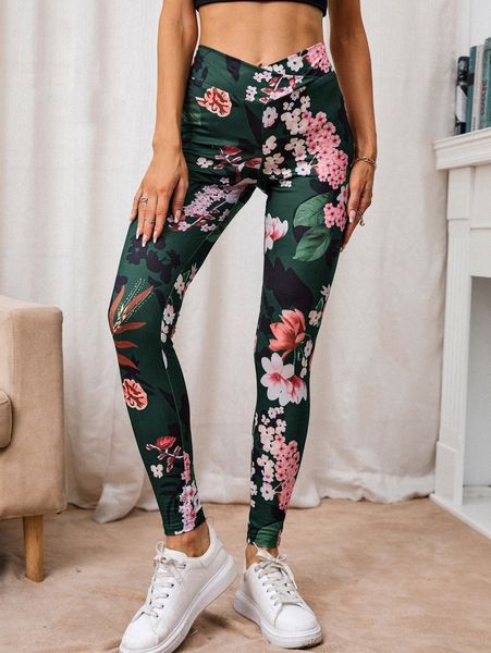 

floral print wideband waist leggings l7gc#, Black