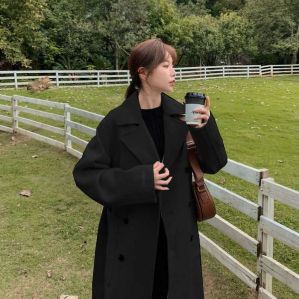 

1korean medium and long hepburn loose lace up woolen coat for women18uy, Black