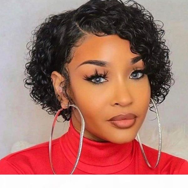 

13x6 lace front human hair wigs for women pixie cut wig brazilian hair 4x4 lace closure wig short bob curly human wigs, Black;brown