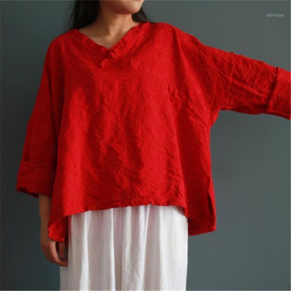 

johnature women shirts vintage blouses v-neck loose 2021 autumn new button embroidery floral warm seven sleeve chinese style, White