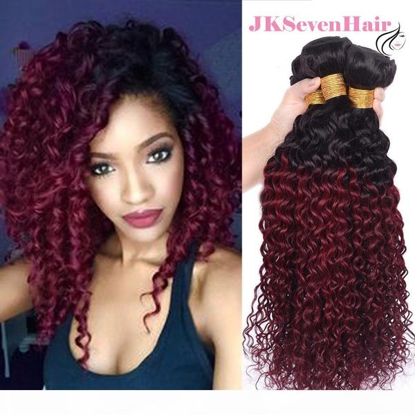 

dark roots burgundy curly wave brazilian virgin hair bundles 3pcs two tone ombre burgundy peruvian malaysian indian human hair weaves, Black