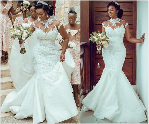 

plus size arabic aso ebi luxurious lace beaded wedding dresses mermaid high neck bridal dresses vintage wedding gowns zj833, White