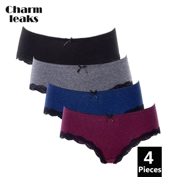 

charmleaks women underwear hipster 4 packs cotton panties soft strech comfort solid ladies bow tie mid-waist 201112, Black;pink