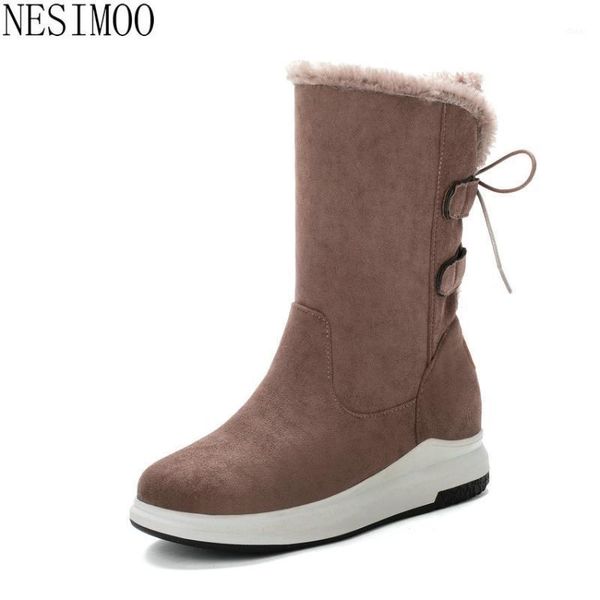 

nesimoo 2021 mid calf boots flock lace up wedge heel keep warm women shoes casual round toe plush winter snow boots size 34-431, Black