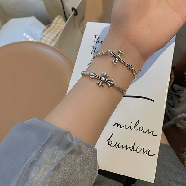 

grq84 s925 wind silver cross simple autumn women winter small design light bracelet bracelet cool sterling ins tide u5zzv, Golden;silver