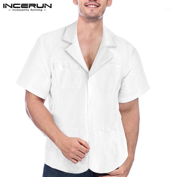 

incerun 2020 men shirt lapel solid multi-pockets camisa short sleeve button casual summer breathable men cargo shirts s-5xl1, White;black