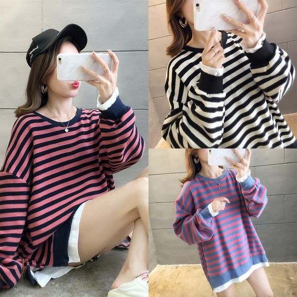 

q9qzt cotton sweater 2020 style korean spring new loose large sweater stitching fake two-piece striped long sleeve size women's women, Black