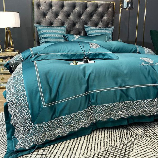 Conjuntos de cama de luxo seda de algodão macio chique bordado edredão conjunto conjunto de folha de cama fronhas da cama rainha tamanho king size têxteis