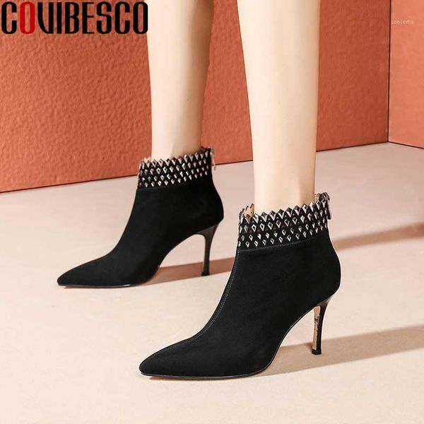 

covibesco 2020 women ankle boots fashion concise shoes woman autumn winter pointed toe thin heels kid suede back zipper boots1, Black