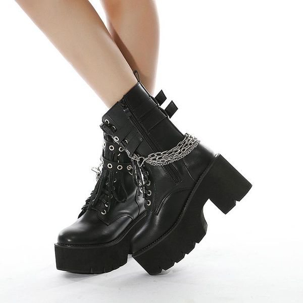 

women chain ankle boots ladies woman buckle platform chunky lace up shoes women's leather pumps female footwear plus size 42, Black