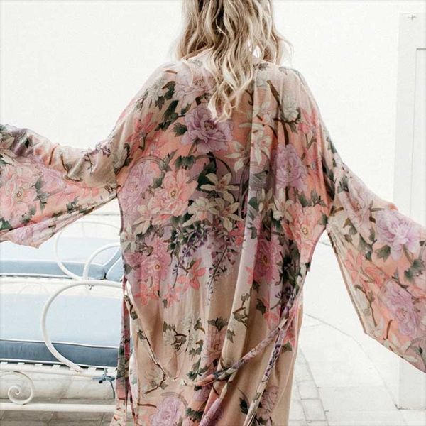 

spring 2019 boho v neck print long kimono shirt bohemeian lacing up sashes long cardigan loose blouse beach holiday wear, White