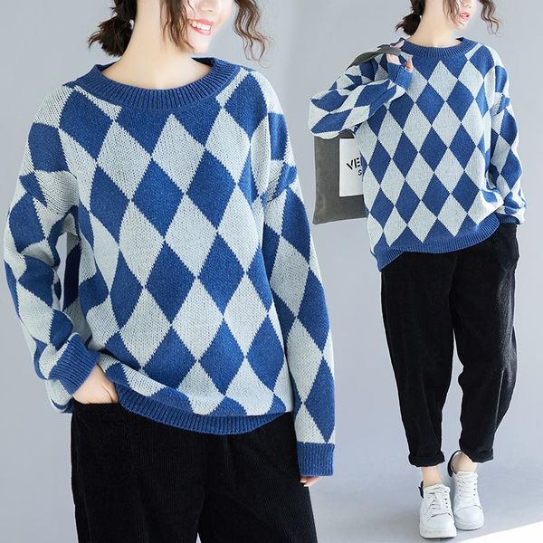 

women's sweaters women and pullovers womens fall 2021 argyle sweater oversized cropped blue, White;black