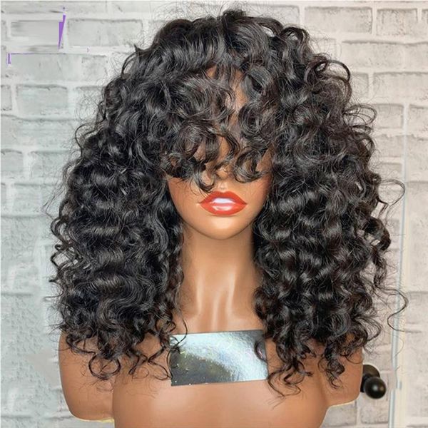 

afro curly 5*5 silk lace front wig with bangs pre plucked hairline malaysian human hair short kinky curly lace wig for women, Black;brown