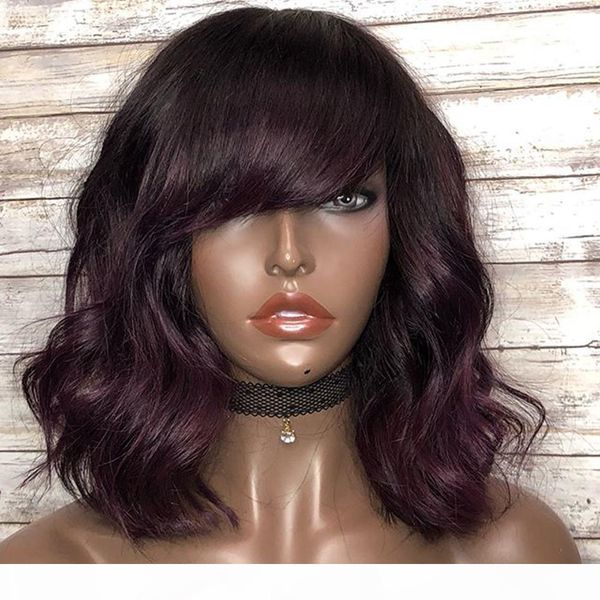 

peruvian full lace human hair ombre grape purple body wave lace front wigs with bangs wavy ombre 360 frontal fringe wigs for women, Black