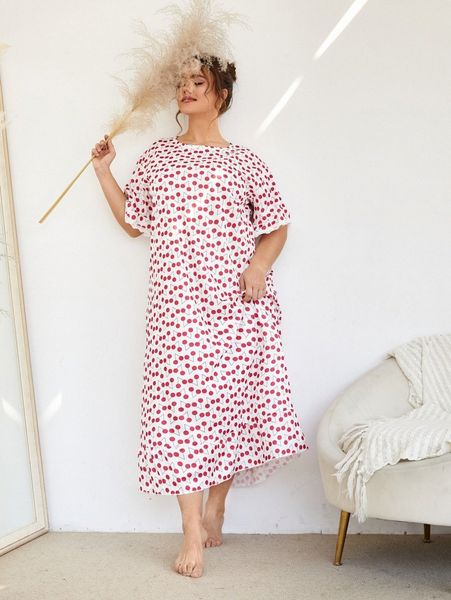 

plus allover print ruffle hem flounce sleeve nightdress u6zj#, Black;white