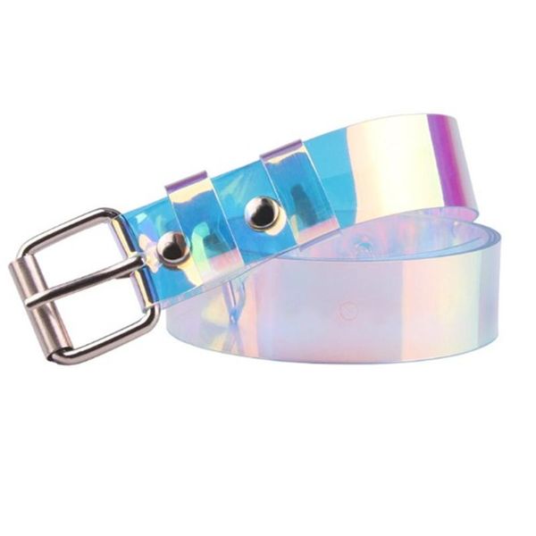 

1 pc transparent laser holographic waist belt punk metal pin buckle waistband rainbow invisible punk waist strap for women, Black;brown