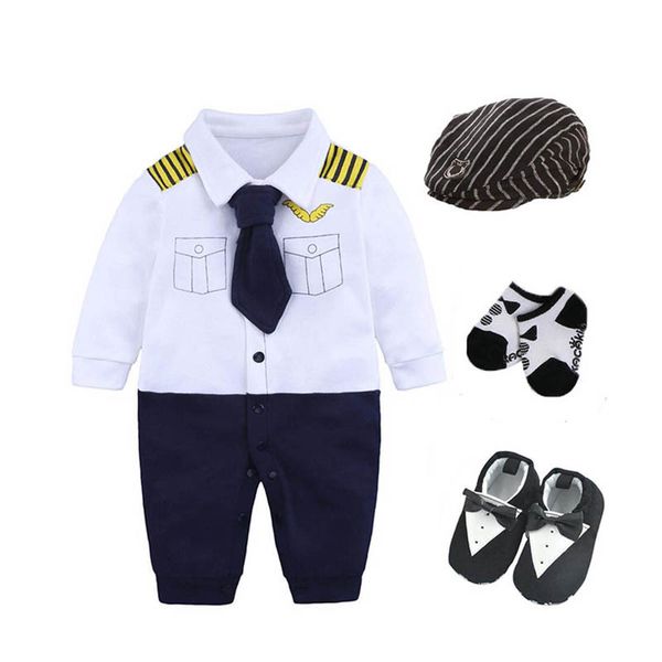 

newborn baby infant boys clothing party birthday gift bodysuit+hat+socks+shoes baby 0-3 3-6m cotton baby playsuit costume pilot y201009, Blue
