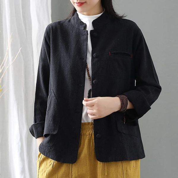 

women's jackets fairynatural women vintage cotton linen stand collar 2021 ladies loose casual coat button spring autumn, Black;brown