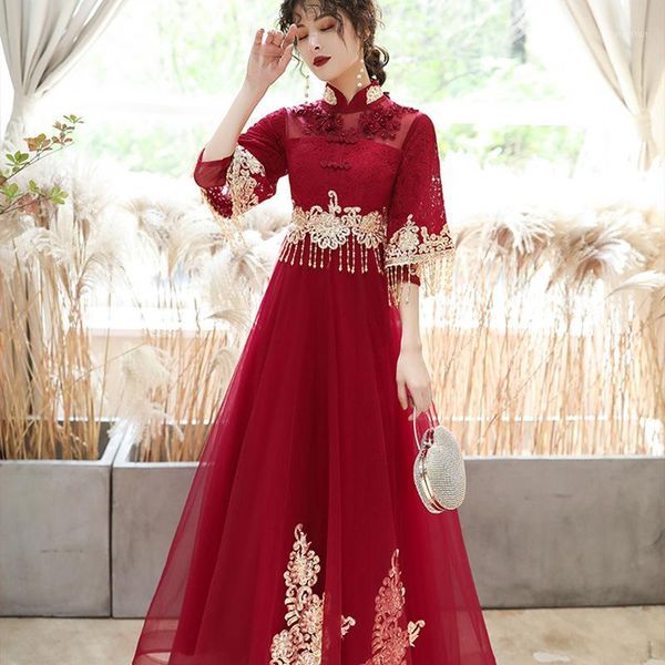 

burgundry women slim dress vintage cheongsam chinese bride wedding toast clothes classic evening party qipao vestidos 3xl1, Red
