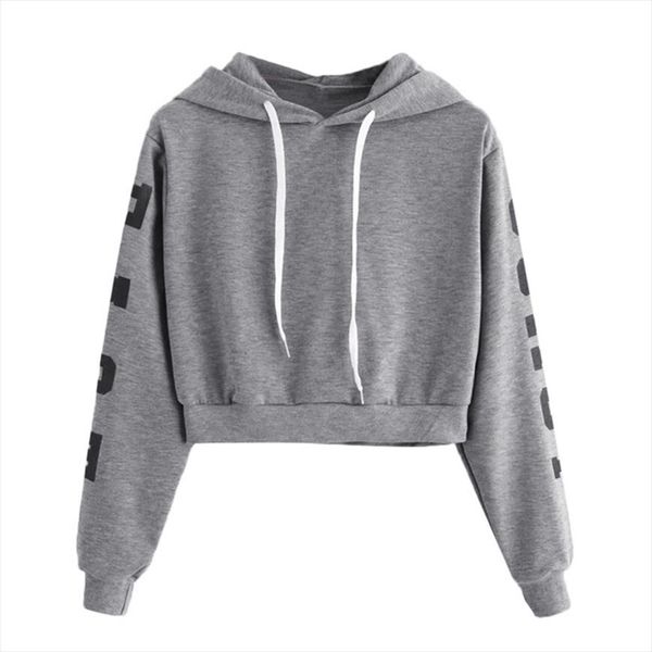

новые женщины plain толстовки crop top solid color длинные рукава дамы пуловер с капюшоном лето осень девушка моды толстовки одежда, Black