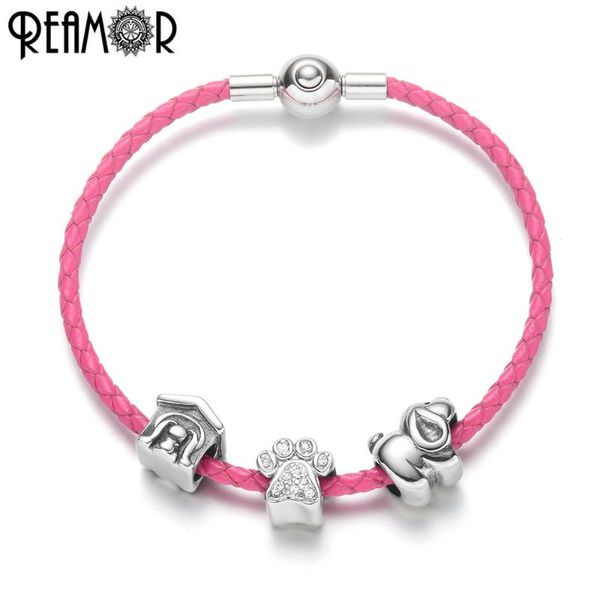 

charm bracelets reamor pink genuine leather women european jewelry zircon dog house series beads bangles gift, Golden;silver